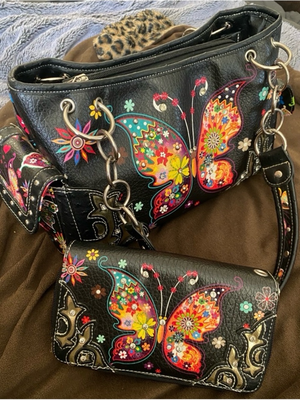 Y2K Butterfly Rhinestone Purse & Wallet Set Boho Western Concealed Carry